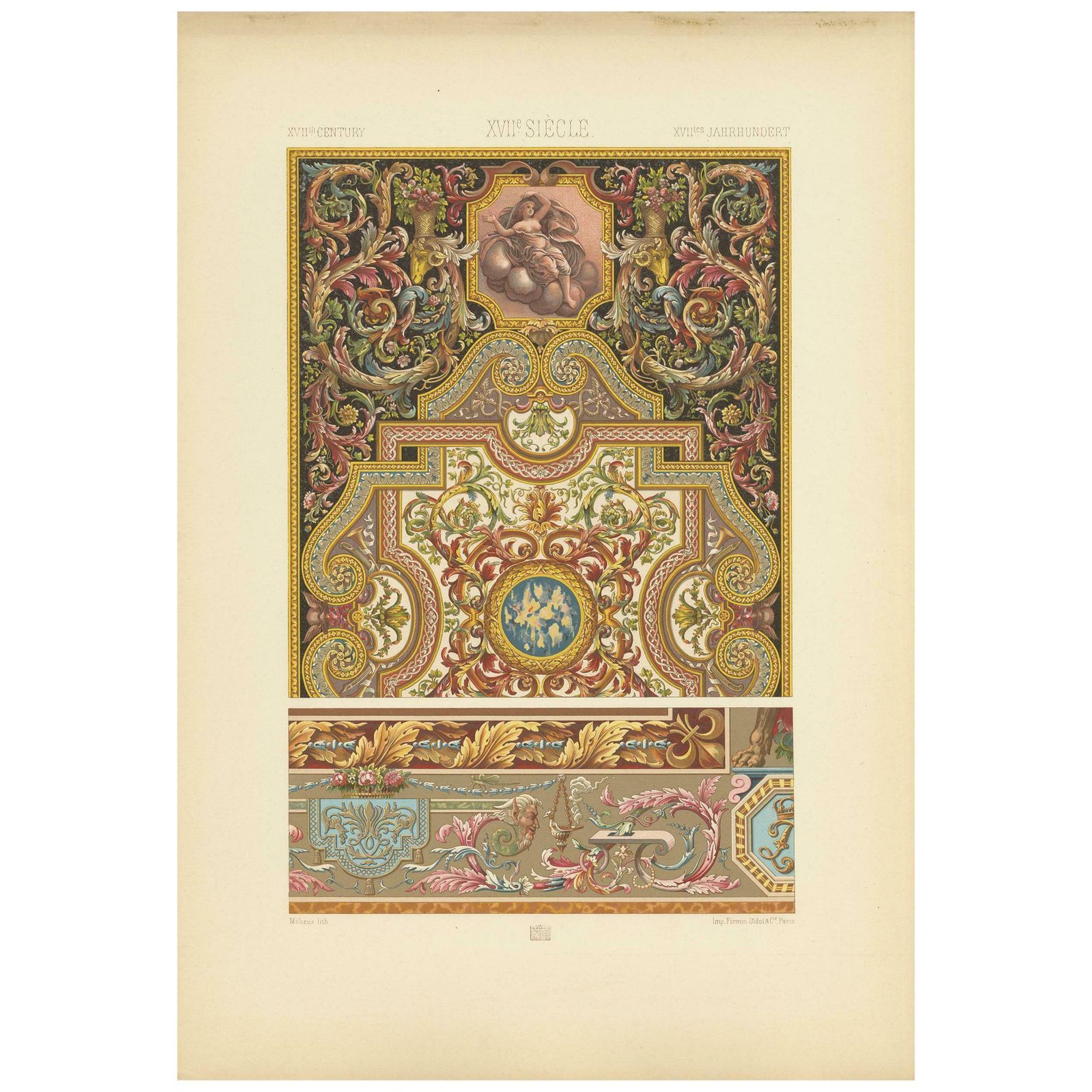 Pl. 107 Antique Print Of 17th Century Details From Carpet By Racinet, Circa 1890