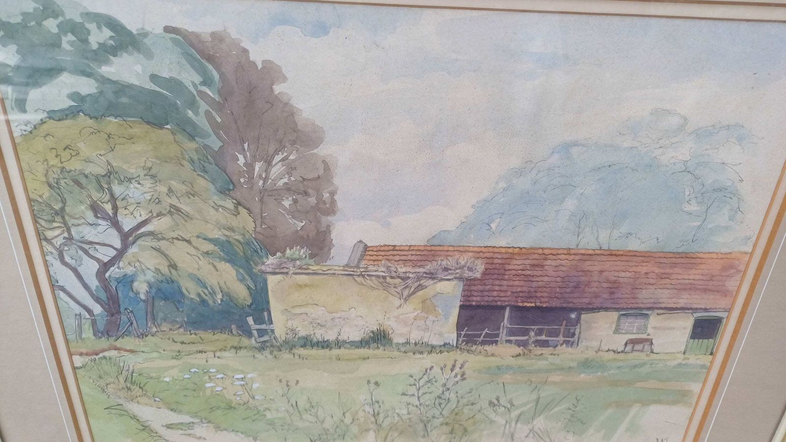 3 Large Vintage Superior Original Watercolours Landscape Countryside Agriculture Theme Picture Frames And Mounts. Salisbury And Sussex. photo Art