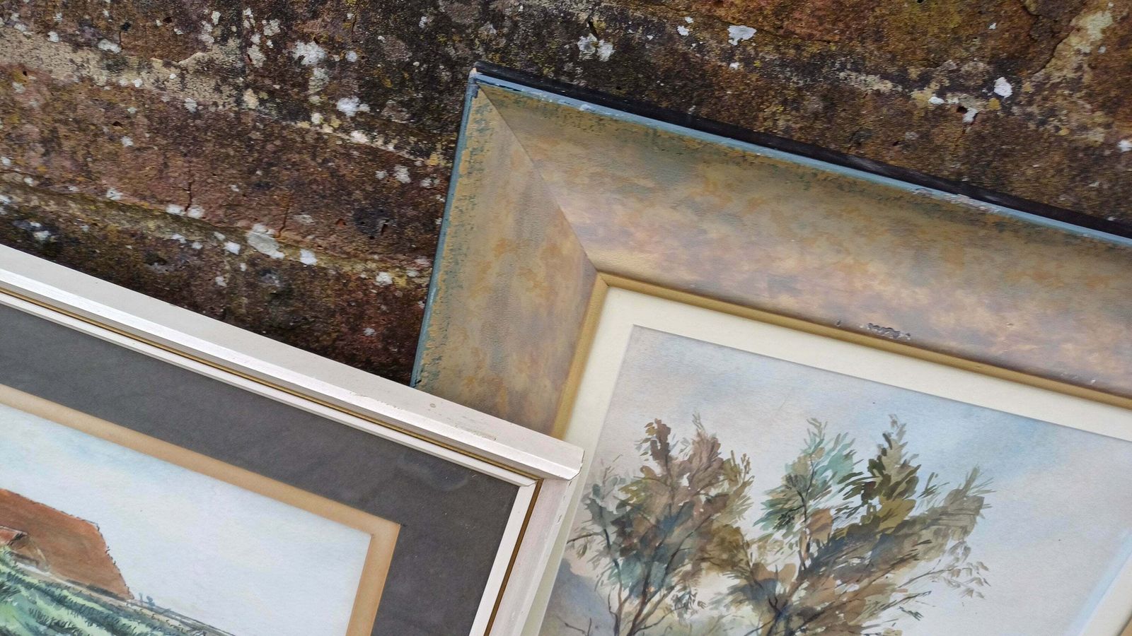 3 Large Vintage Superior Original Watercolours Landscape Countryside Agriculture Theme Picture Frames And Mounts. Salisbury And Sussex. photo vinterior
