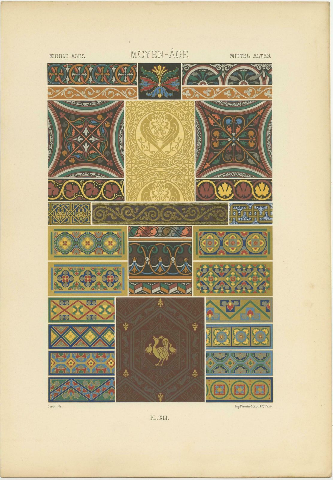 Pl. 41 Antique Print Of Middle Ages Ornaments By Racinet (C.1890) photo Art