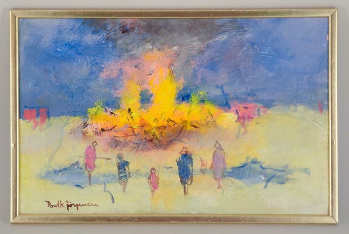 Poul K. Jörgensen. Oil On Board. Valborg´S Eve With People By The Bonfire photo furniture