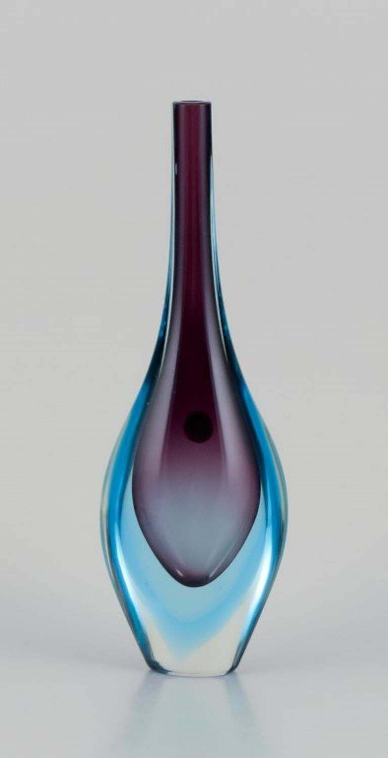 Murano Italy Art Glass Vase With A Slender Neck Blue And Purple Glass photo vinterior
