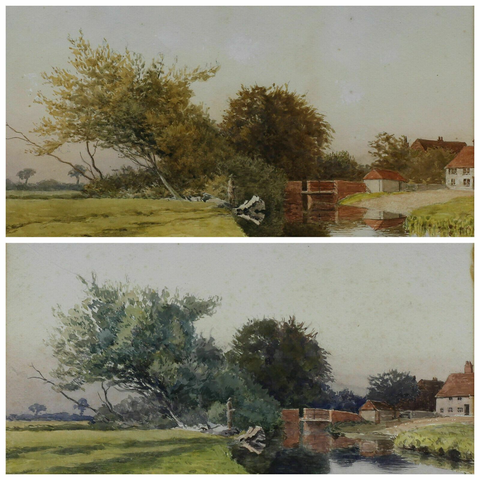 Set Of 2 Watercolours By Vw. Fishing Scenes In Autumn & Summer