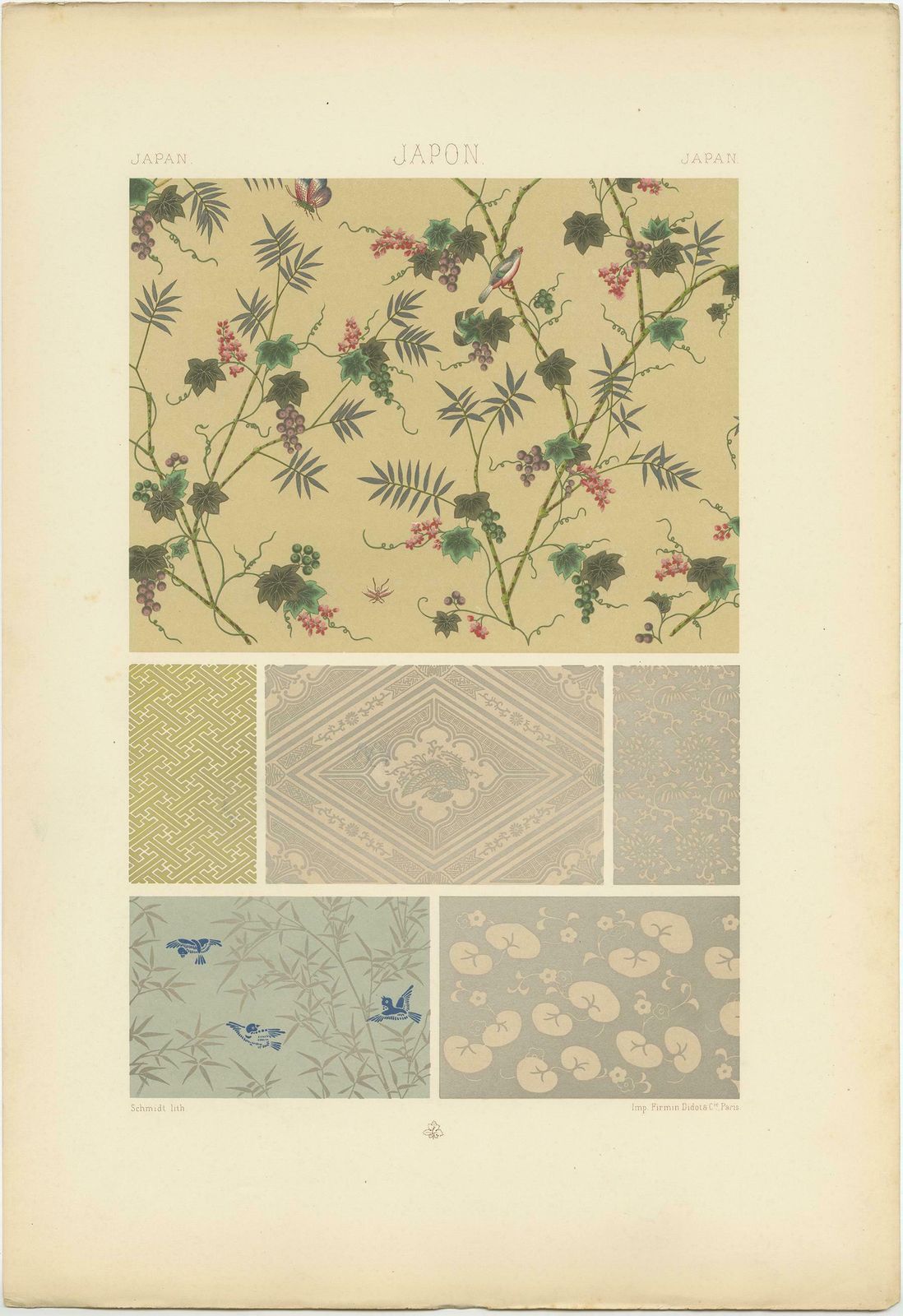 Pl. 14 Antique Print Of Japanese Printed Wallpapers By Racinet, 'Circa 1890' photo for sale