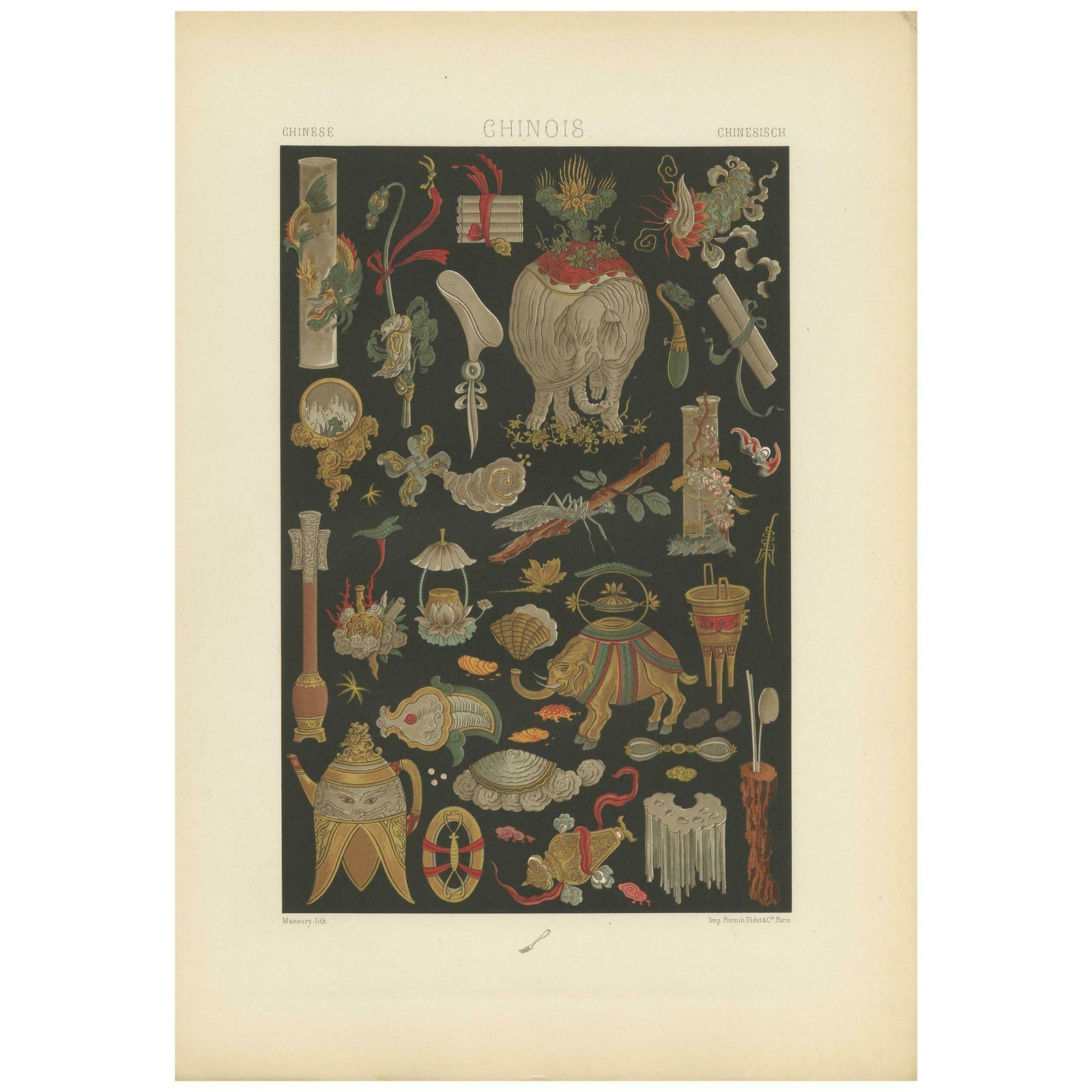 Pl. 7 Antique Print Of Chinese Painted And Gilt Motifs By Racinet, 'Circa 1890'