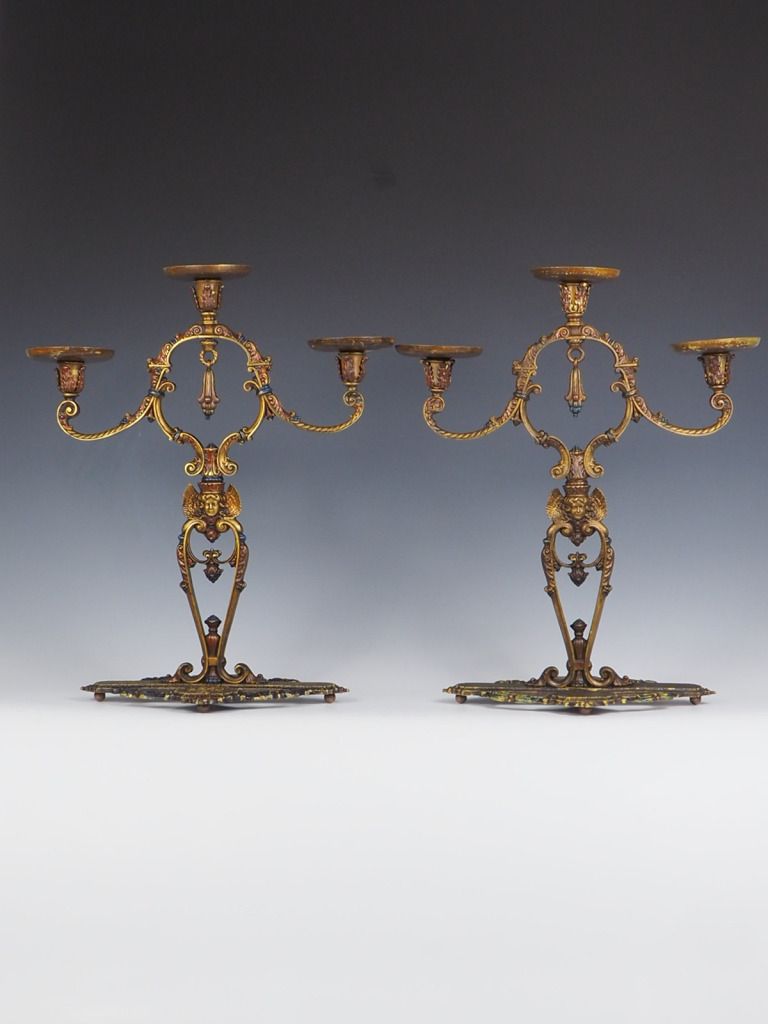 1914 The Edward N Riddle Co. Pair Of Estofado Polychrome Candleabras