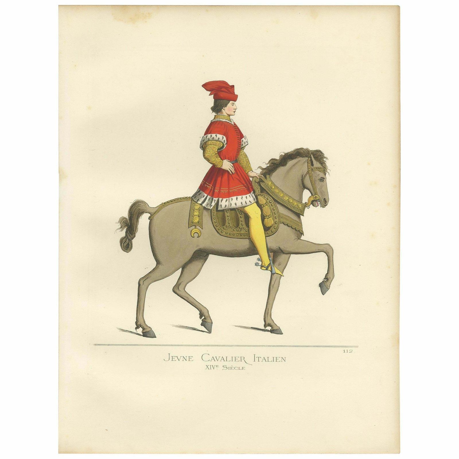 Antique Print Of A Young Cavalryman, Italy, 14th Century, By Bonnard, 1860