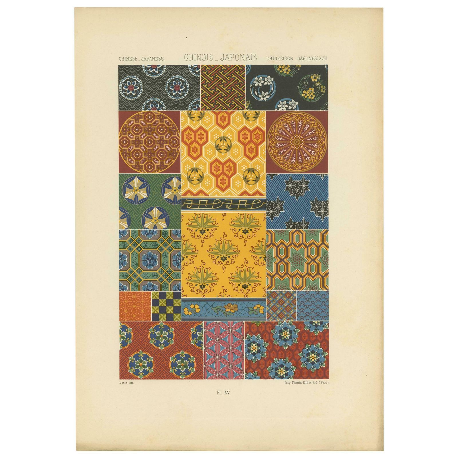 Pl. 15 Antique Print Of Chinese Japanese Ornaments By Racinet, Circa 1890