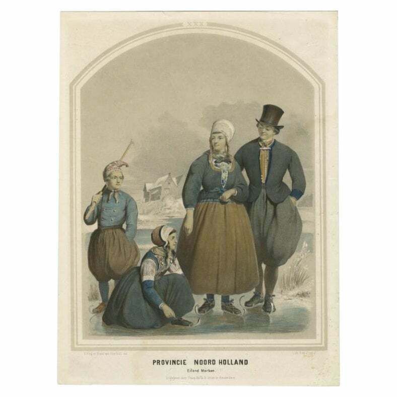 Antique Costume Print Of The Province Of Noord Holland, Marken, Holland, Ca 1857