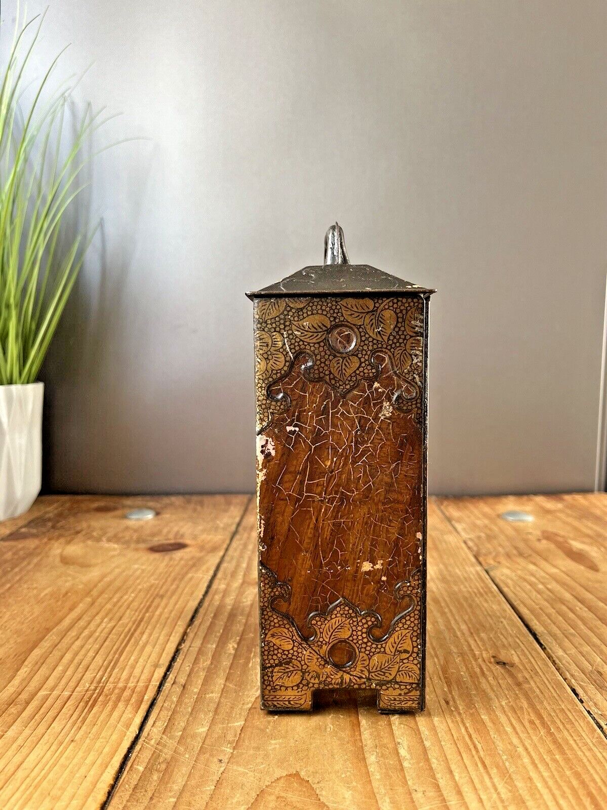 Antique Wood Brass Effect Tin Tea Chest Oriental Chinese Chinoiserie Japonisme photo Home Decor