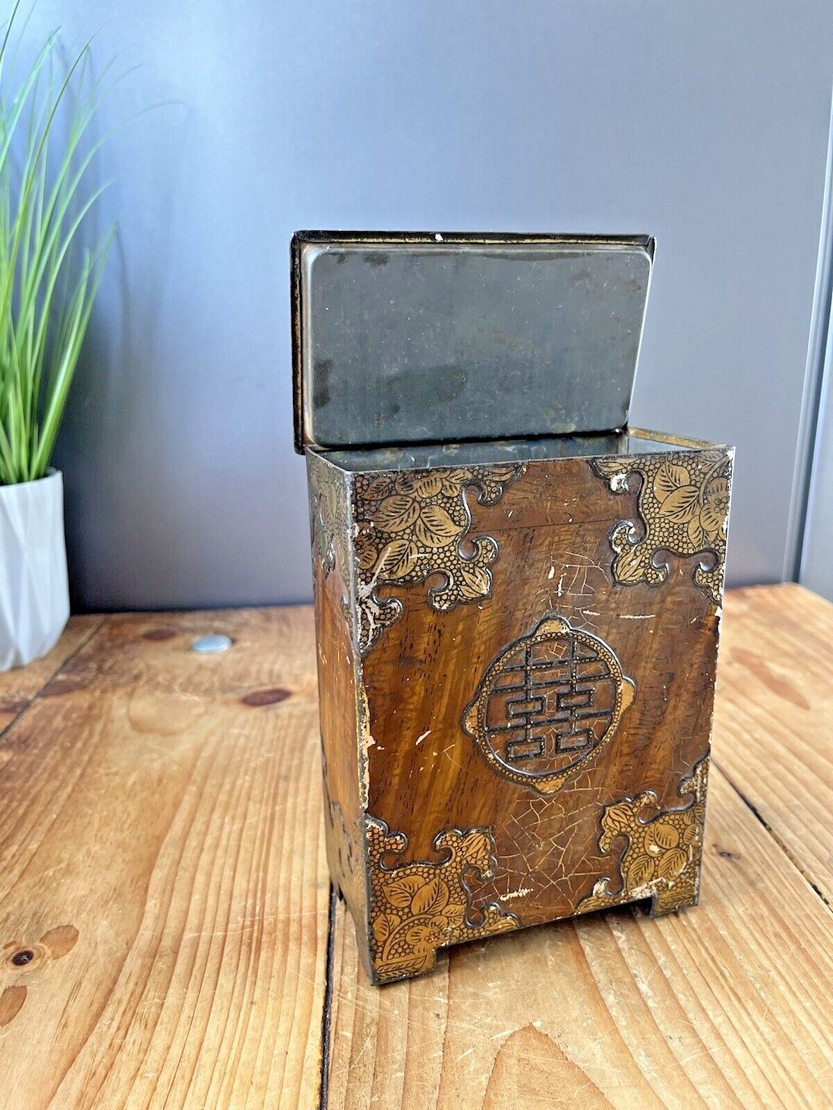 photo for sale Antique Wood Brass Effect Tin Tea Chest Oriental Chinese Chinoiserie Japonisme