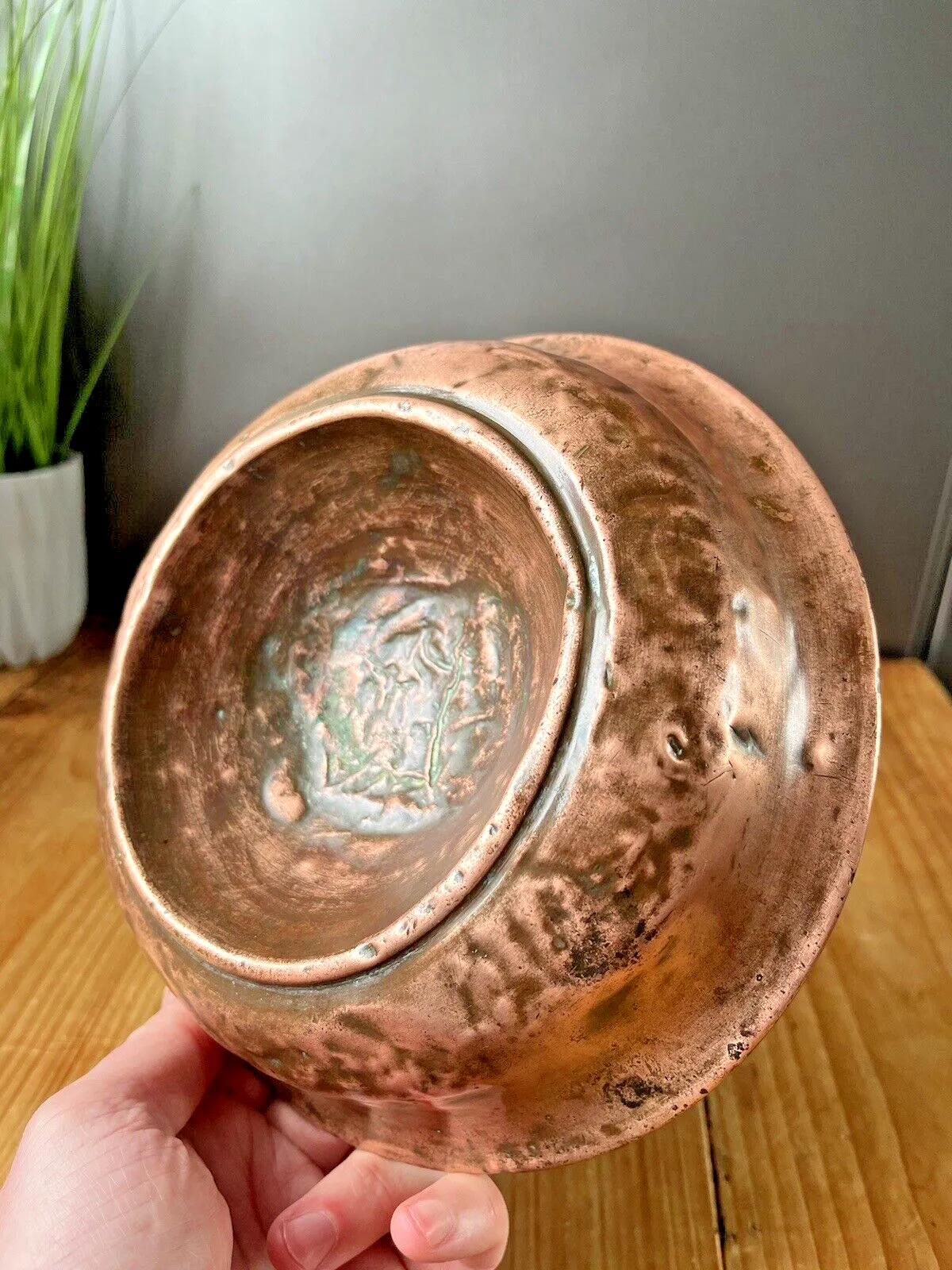 Antique 19th C Arts & Crafts Beaten Copper Dog Bowl Cat Pet Dish Food Water