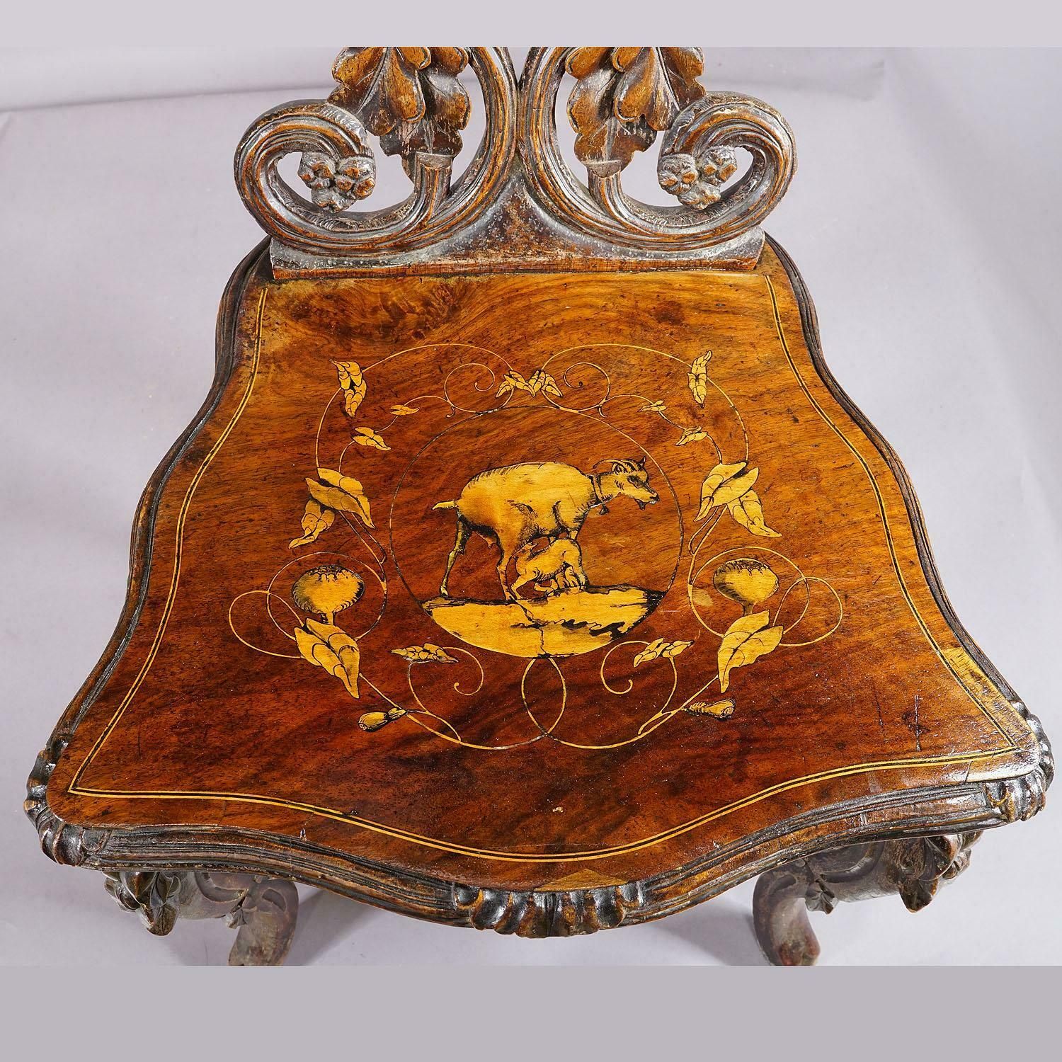 photo for sale Pair Nutwood Edelweis Marquetry Chairs Swiss Brienz 1900