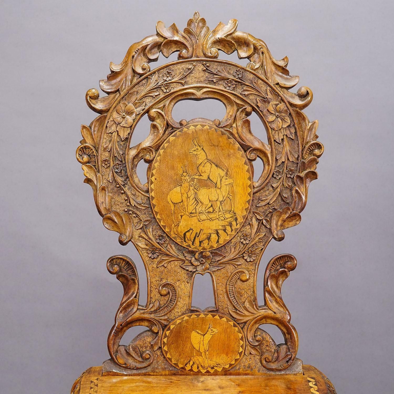 Rare Nutwood Edelweis Marquetry Chair Swiss Brienz 1900 photo buy