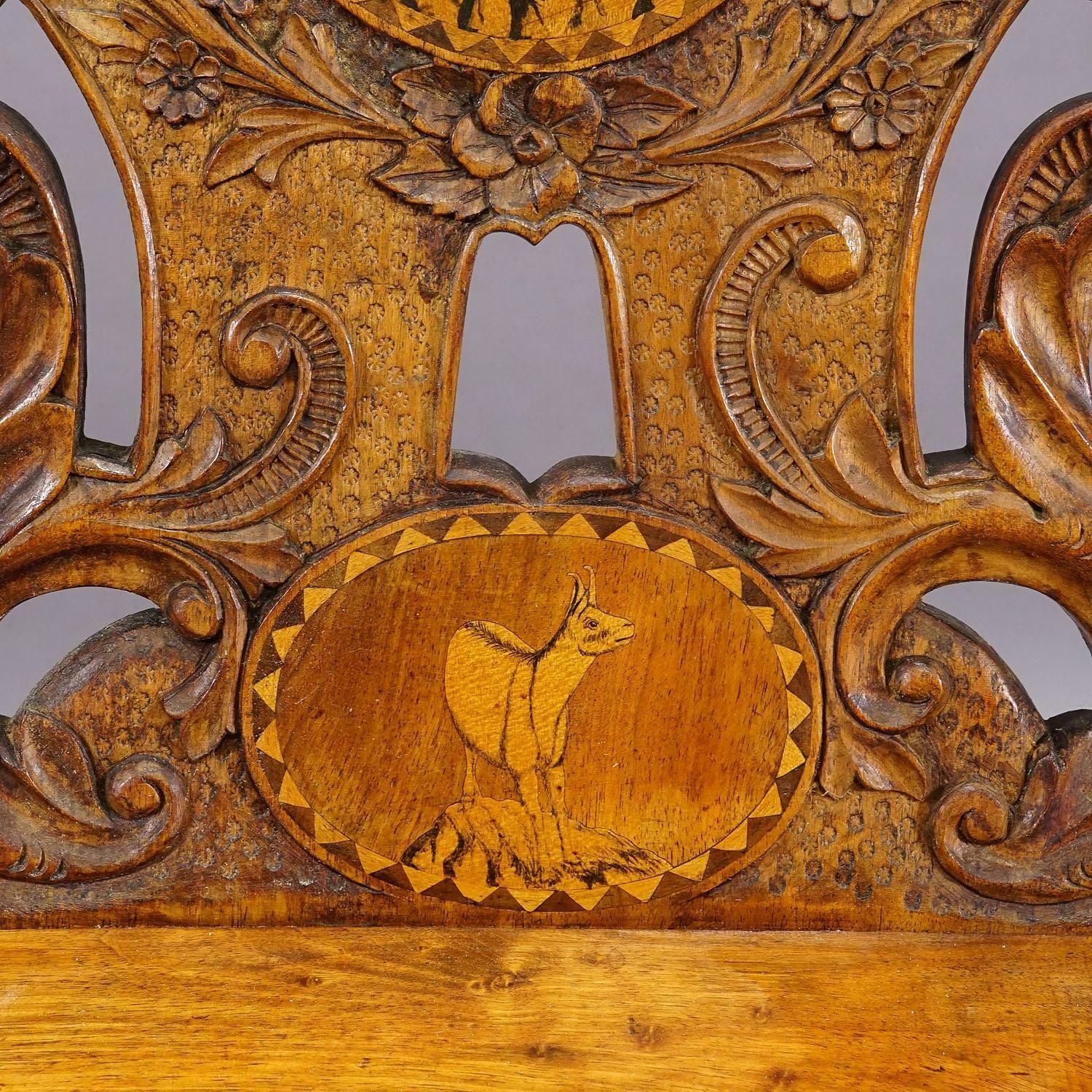 photo furniture Rare Nutwood Edelweis Marquetry Chair Swiss Brienz 1900
