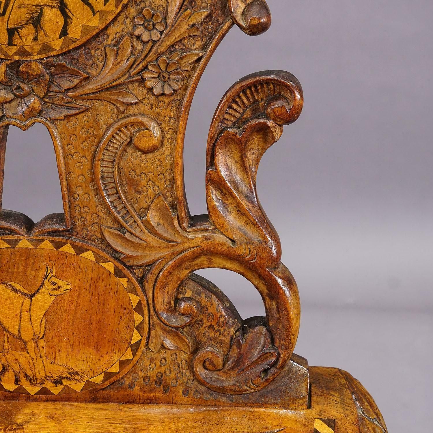 Furniture Rare Nutwood Edelweis Marquetry Chair Swiss Brienz 1900 photo