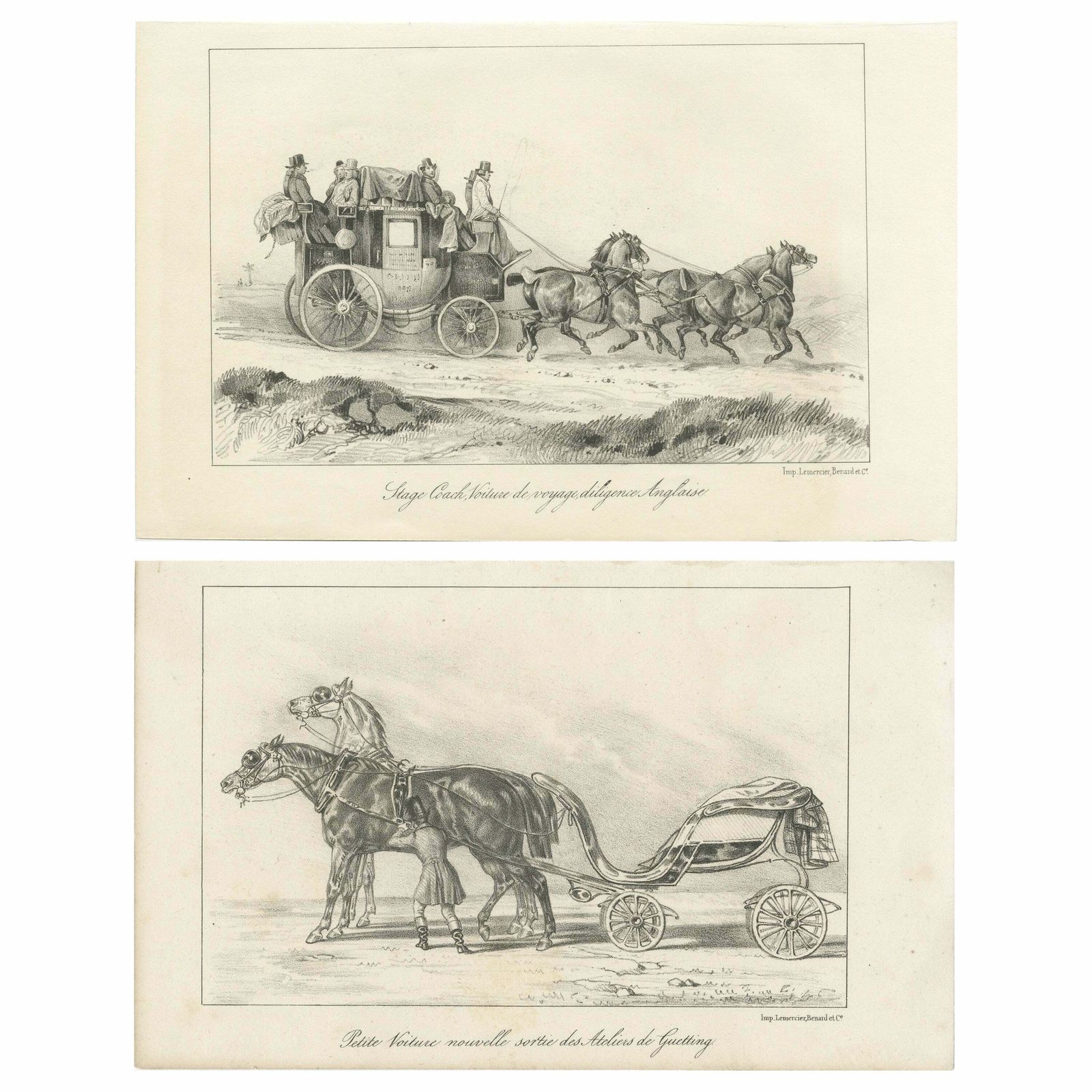 Set Of 2 Antique Prints Of Horse And Carriage By Lemercier 'C.1835'