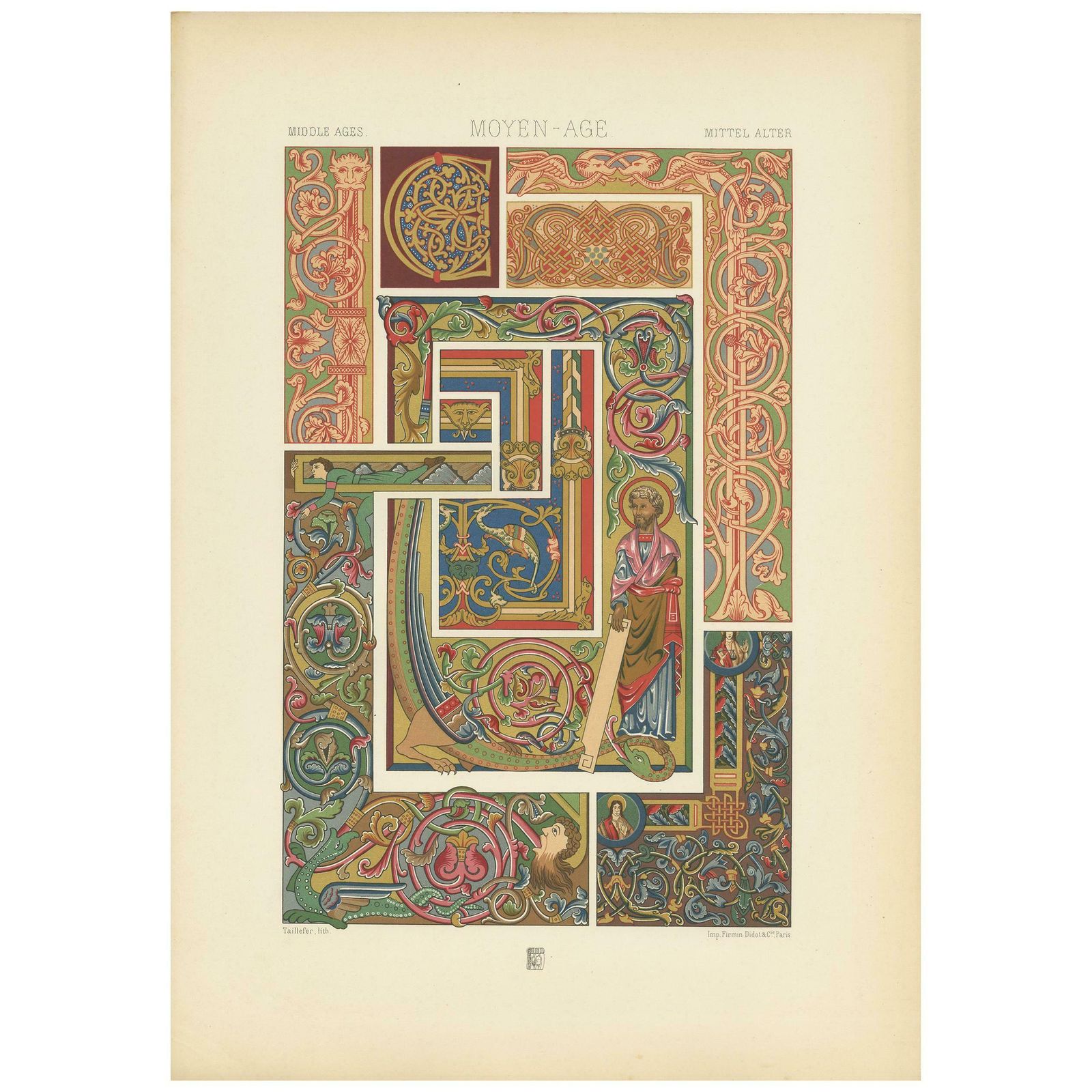 Pl. 51 Antique Print Of Middle Ages Manuscripts Decoration By Racinet