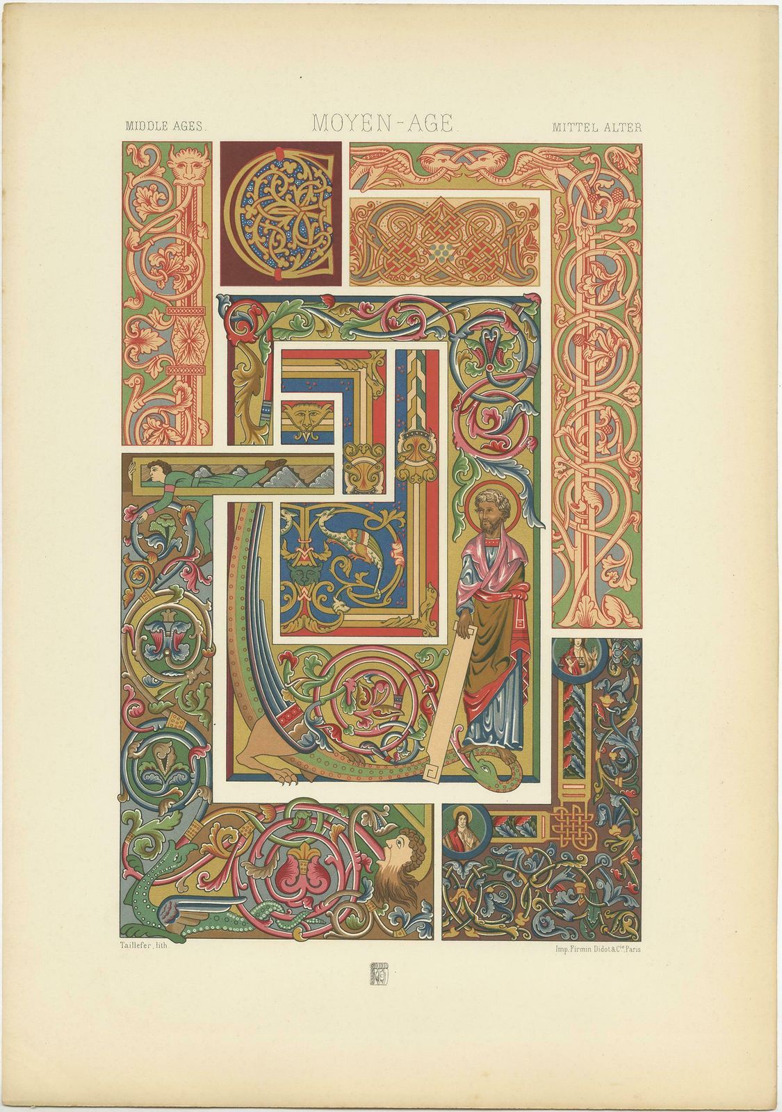 Pl. 51 Antique Print Of Middle Ages Manuscripts Decoration By Racinet photo for sale
