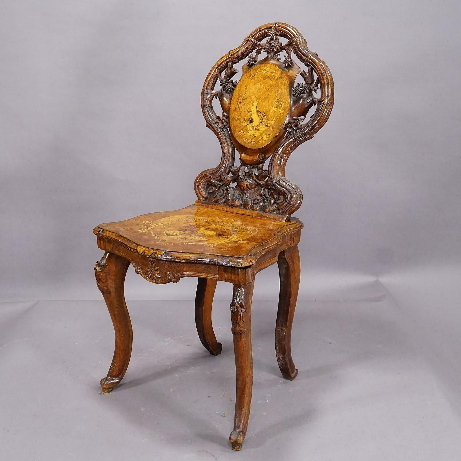 Pair Nutwood Edelweis Marquetry Chairs Swiss Brienz 1900 photo for sale