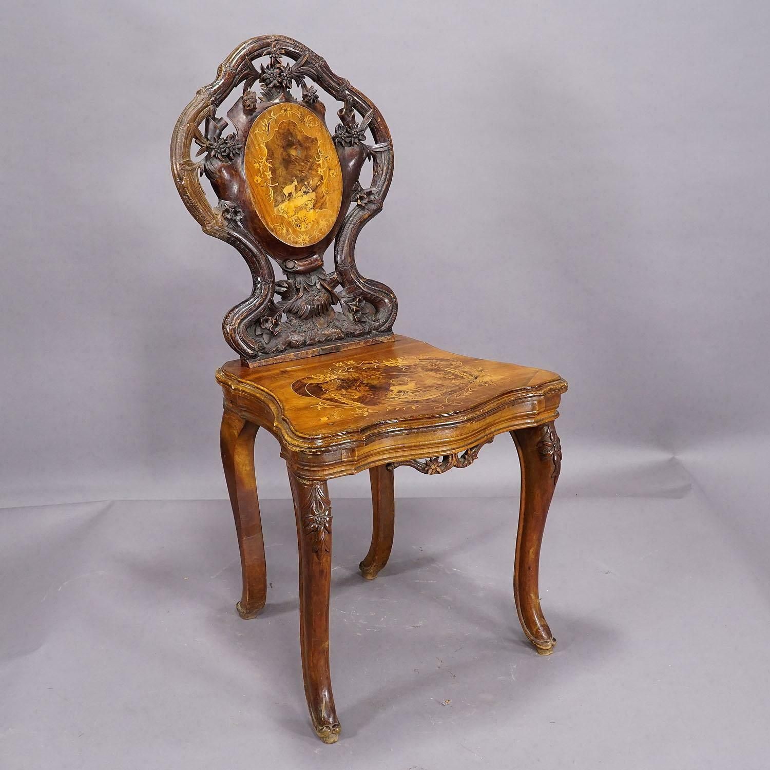 Pair Nutwood Edelweis Marquetry Chairs Swiss Brienz 1900 photo Furniture