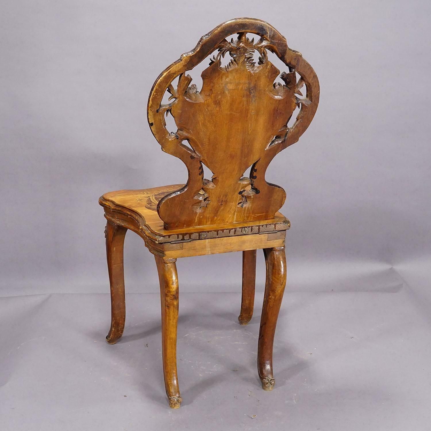 photo buy Pair Nutwood Edelweis Marquetry Chairs Swiss Brienz 1900