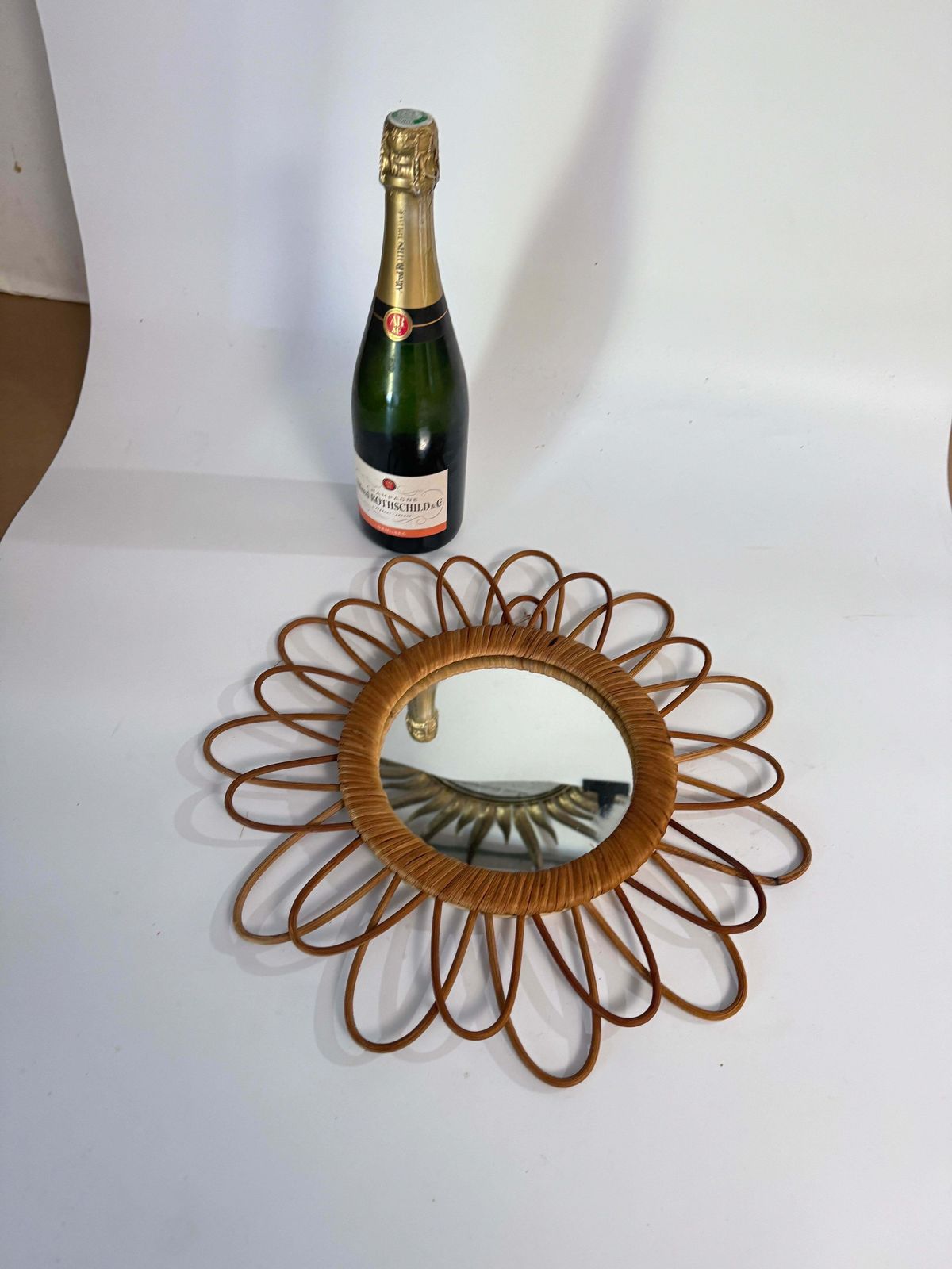 Midcentury French Riviera Rattan And Bamboo Rond Wall Mirror, Italy 1960s photo buy