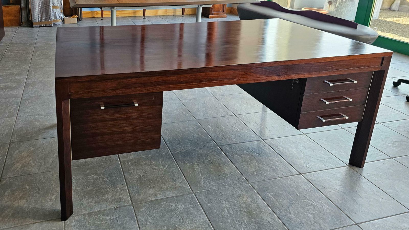 Anonima Castelli Palisander Wood Desk With Elegant Metal Insert Handle, 1970s photo furniture