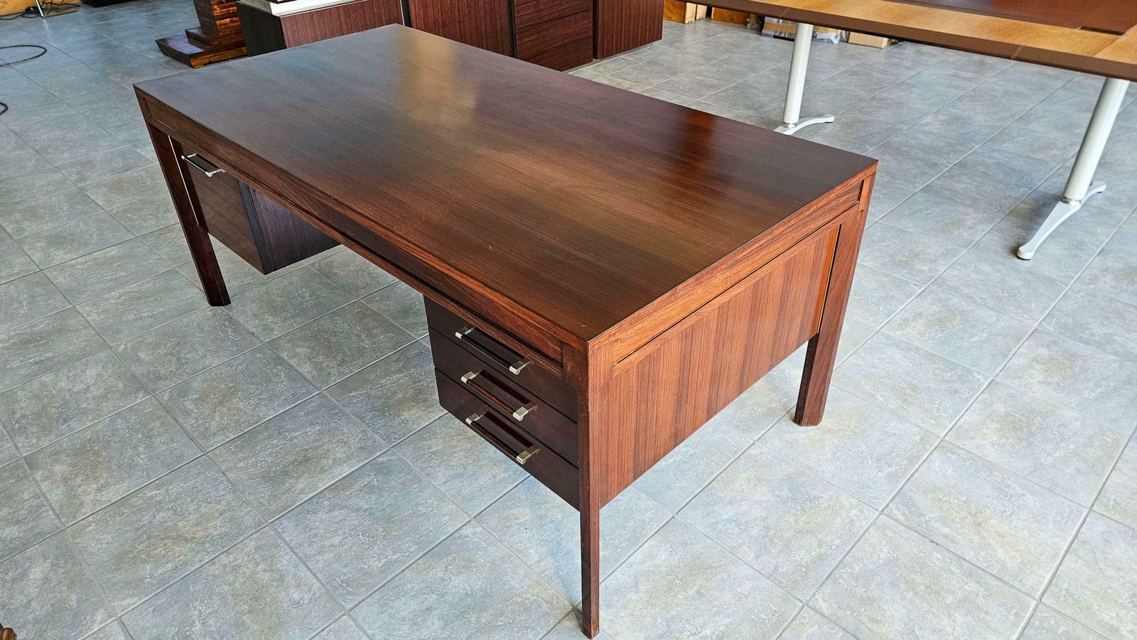 Anonima Castelli Palisander Wood Desk With Elegant Metal Insert Handle, 1970s photo for sale