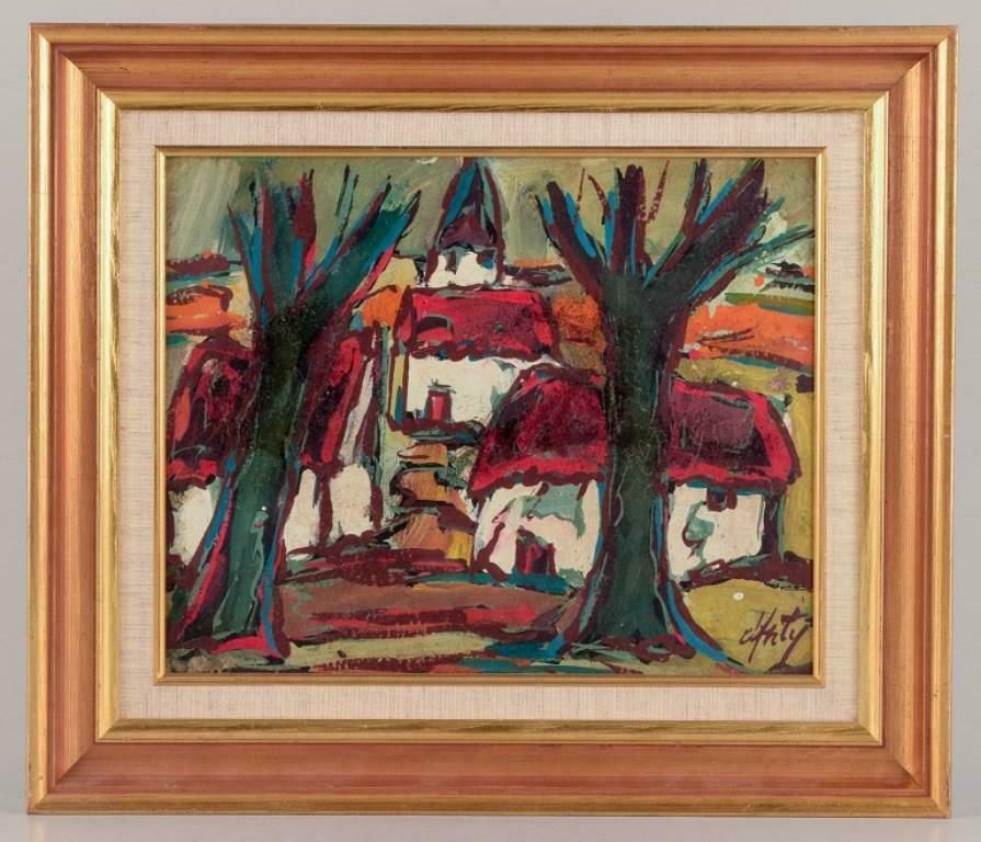 Henry Maurice D'anty. Oil On Board. Village Scene With A Church. Ca 1960 photo furniture
