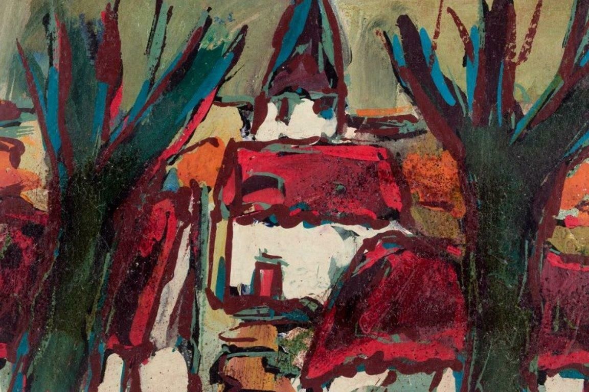 Henry Maurice D'anty. Oil On Board. Village Scene With A Church. Ca 1960 photo for sale