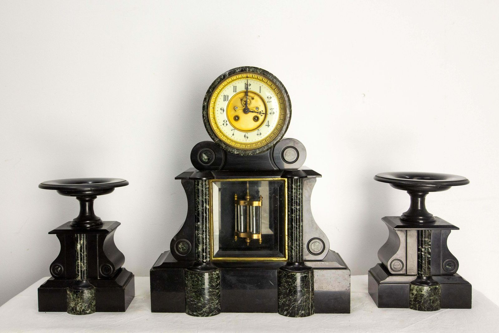 Antique French Bronze & Marble Three Piece Mantel Set Clock Napoleon III photo vintage
