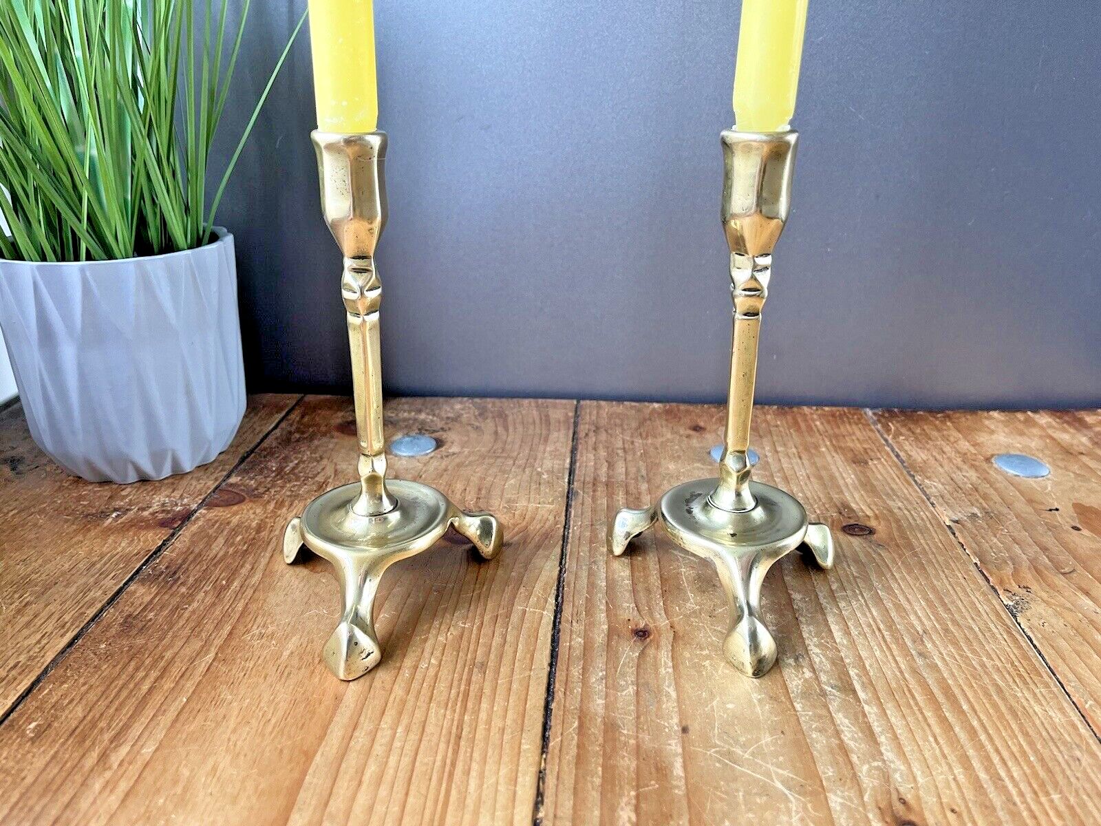 Pair Of English Antique Art Nouveau Tri Footed Base Candlesticks Candle Holders
