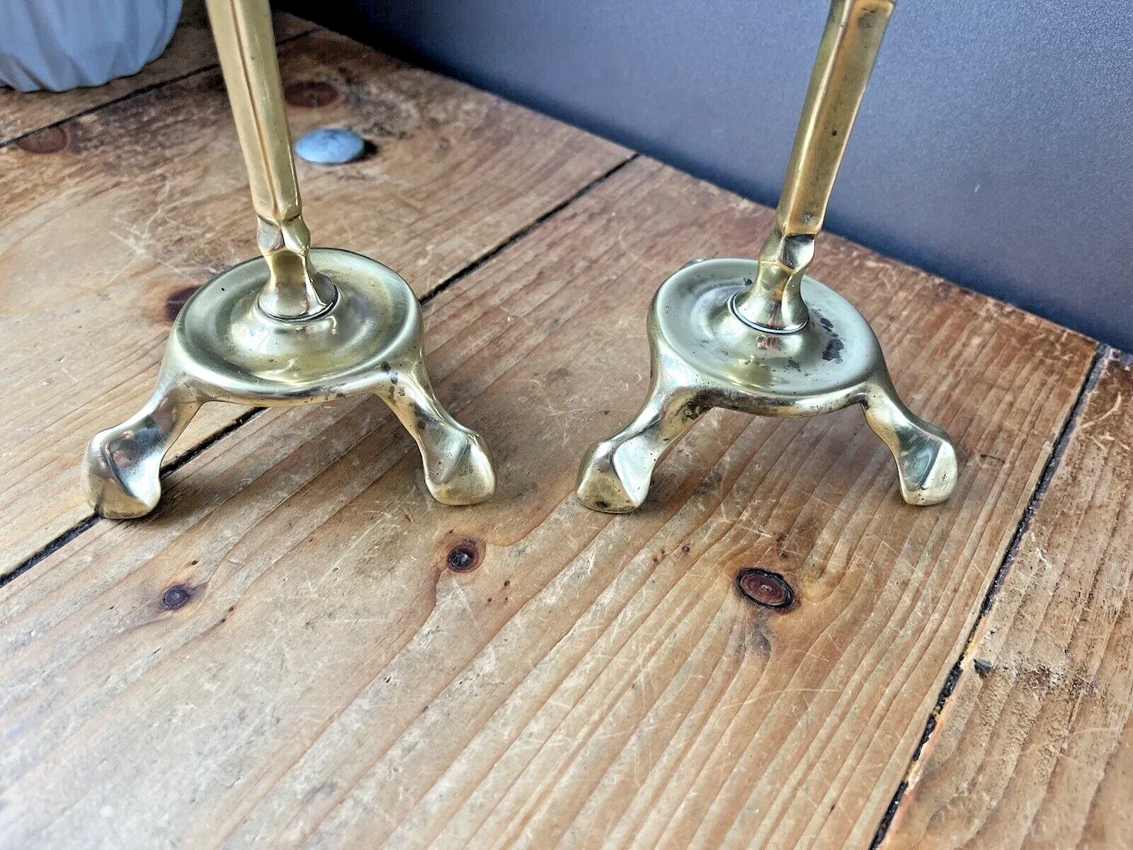 Pair Of English Antique Art Nouveau Tri Footed Base Candlesticks Candle Holders photo vintage