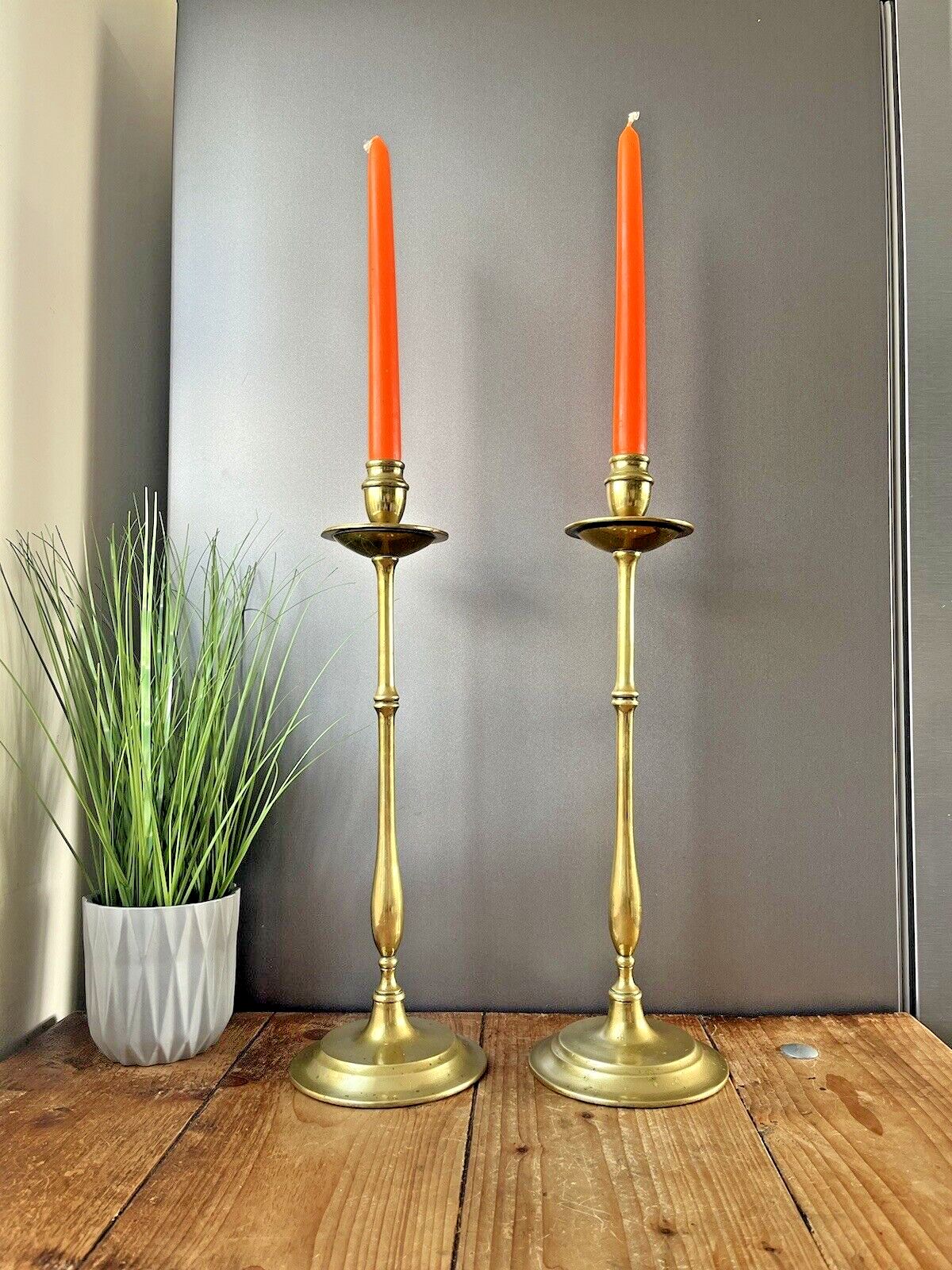 Large Pair Of English Antique Brass Altar Candlesticks Candle Holders photo furniture