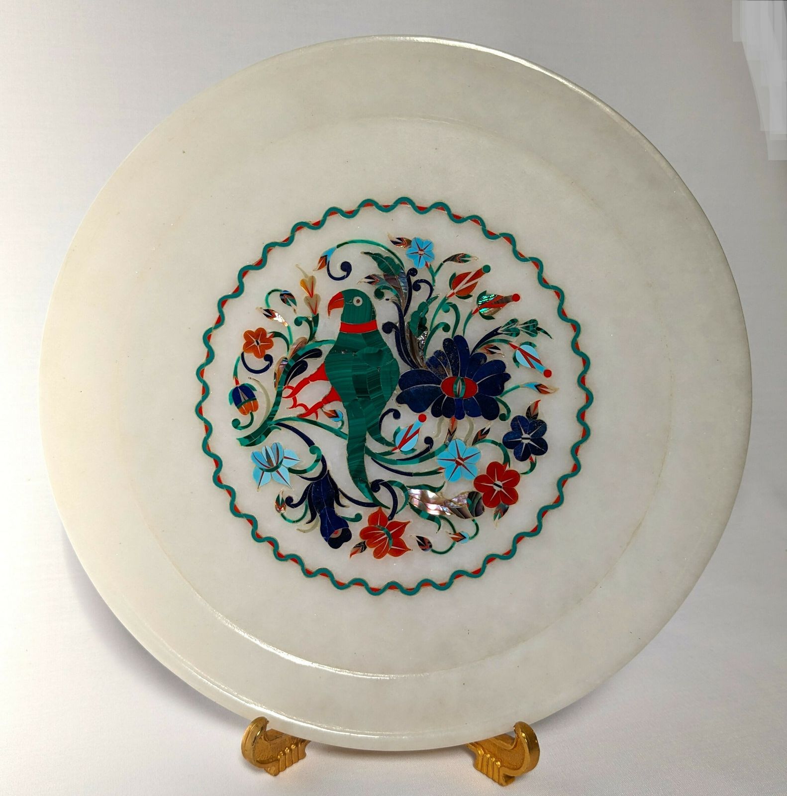 Vintage Indian Marble Plate With Precious Stones And Mother Of Pearl Inlay photo for sale
