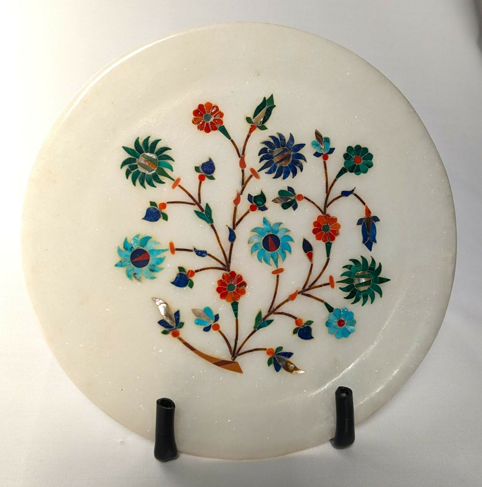 Vintage Indian Small Marble Plate With Precious Stones And Mother Of Pearl Inlay