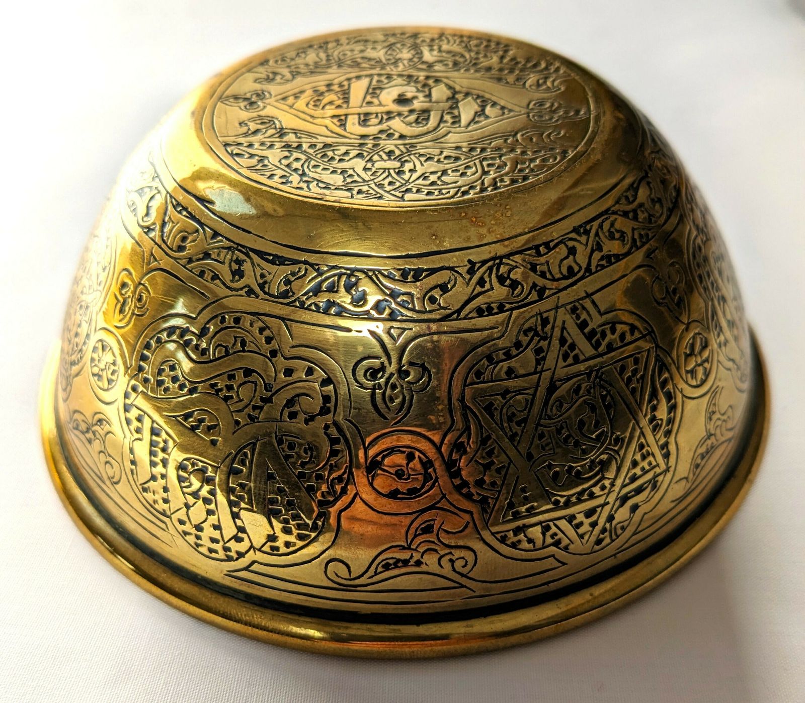 225.0 Pair Of Antique Islamic Middle East Engraved Brass Bowls photo