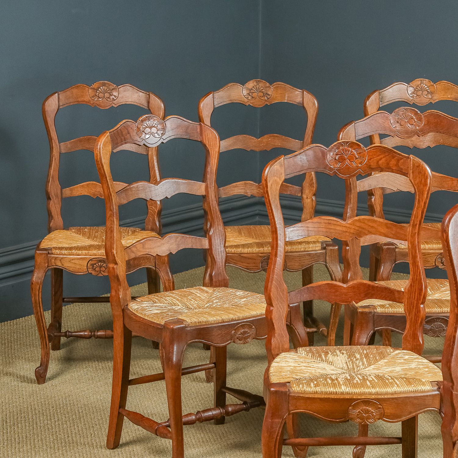 French Set Of 12 Twelve Louis XV Style Oak Ladder Back Rush Seat Kitchen Dining Chairs (Circa 1920) photo Furniture