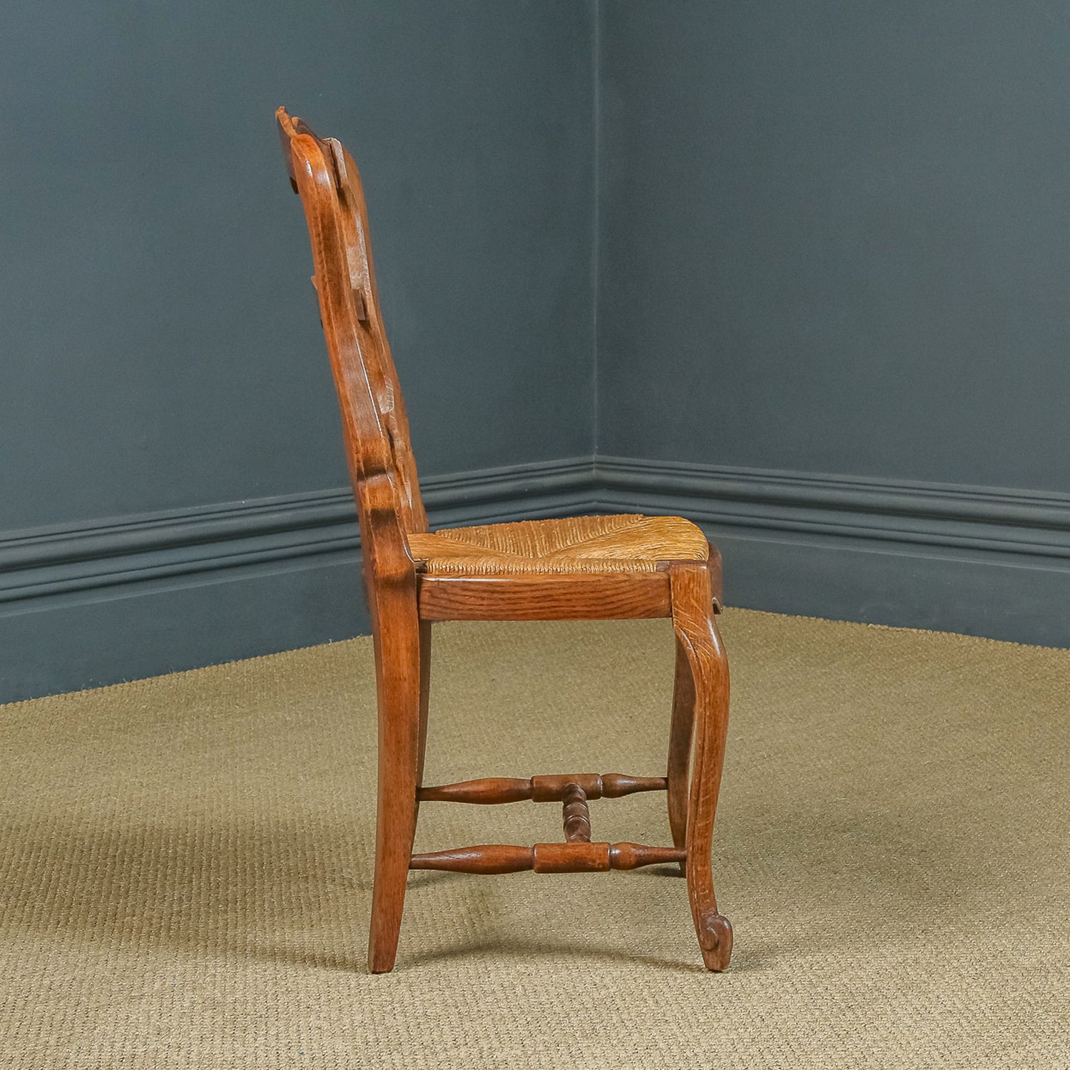 photo for sale French Set Of 12 Twelve Louis XV Style Oak Ladder Back Rush Seat Kitchen Dining Chairs (Circa 1920)