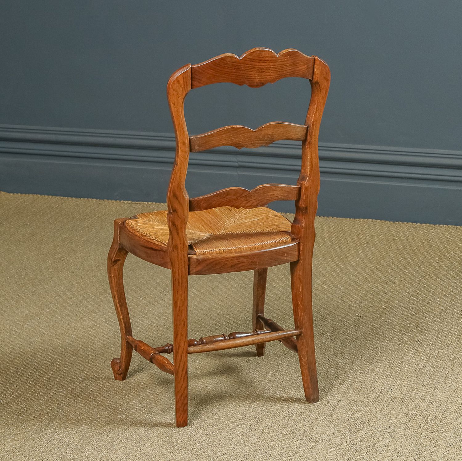 photo vinterior French Set Of 12 Twelve Louis XV Style Oak Ladder Back Rush Seat Kitchen Dining Chairs (Circa 1920)