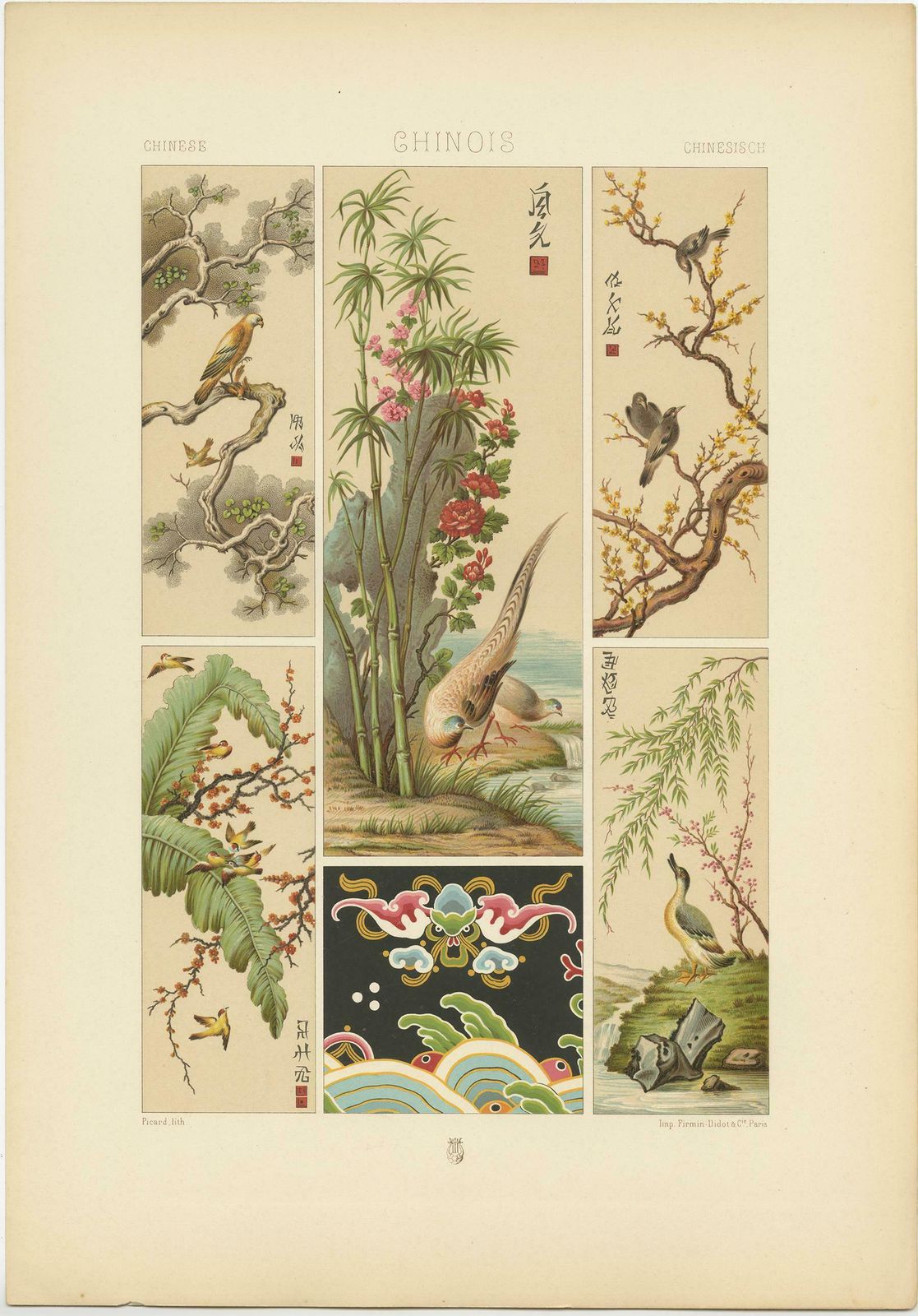 Antique Print Of Chinese Embroidery Paintings By Racinet 'Circa 1890' photo for sale