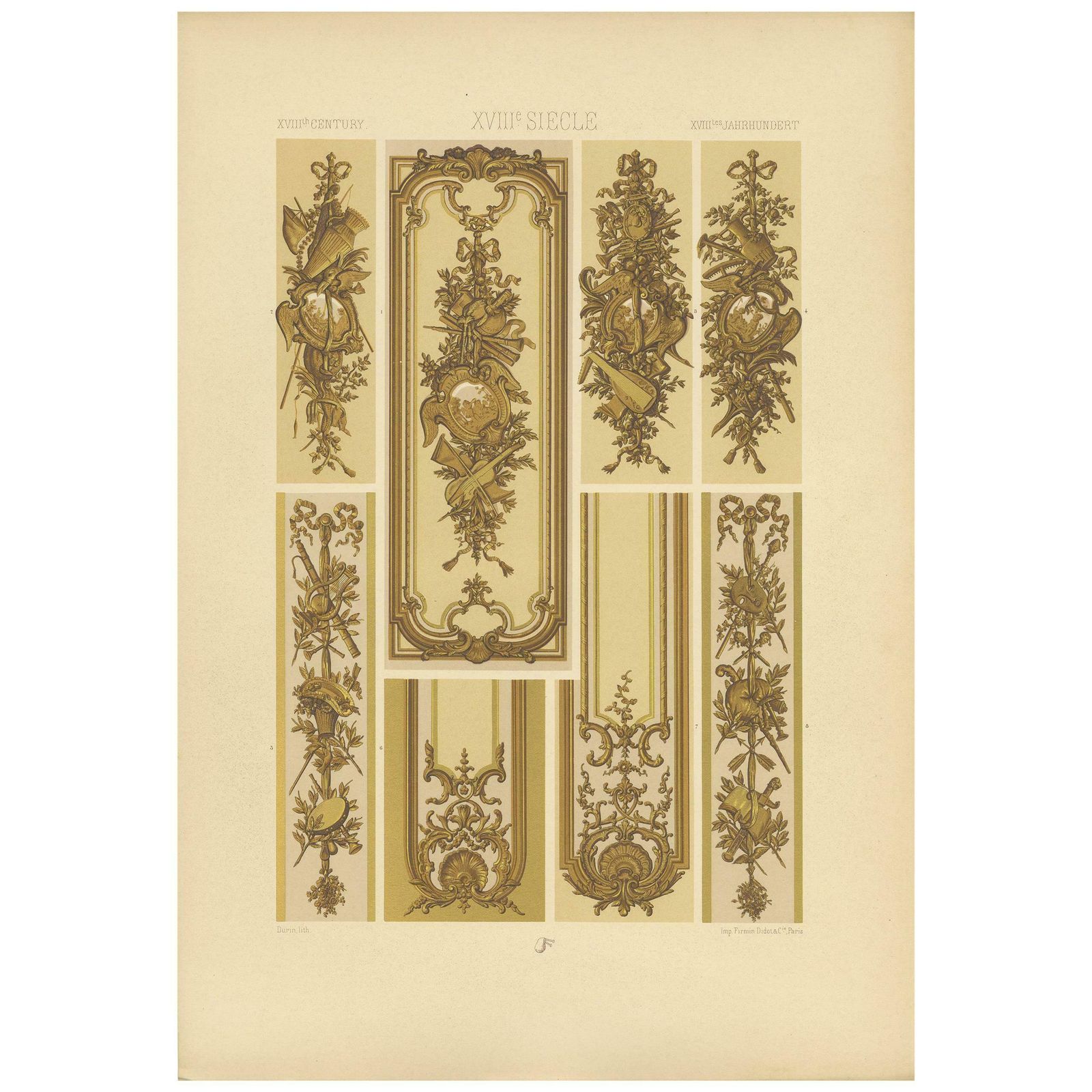 Pl. 116 Antique Print Of 18th Century Carved & Gilt Wall By Racinet, Circa 1890