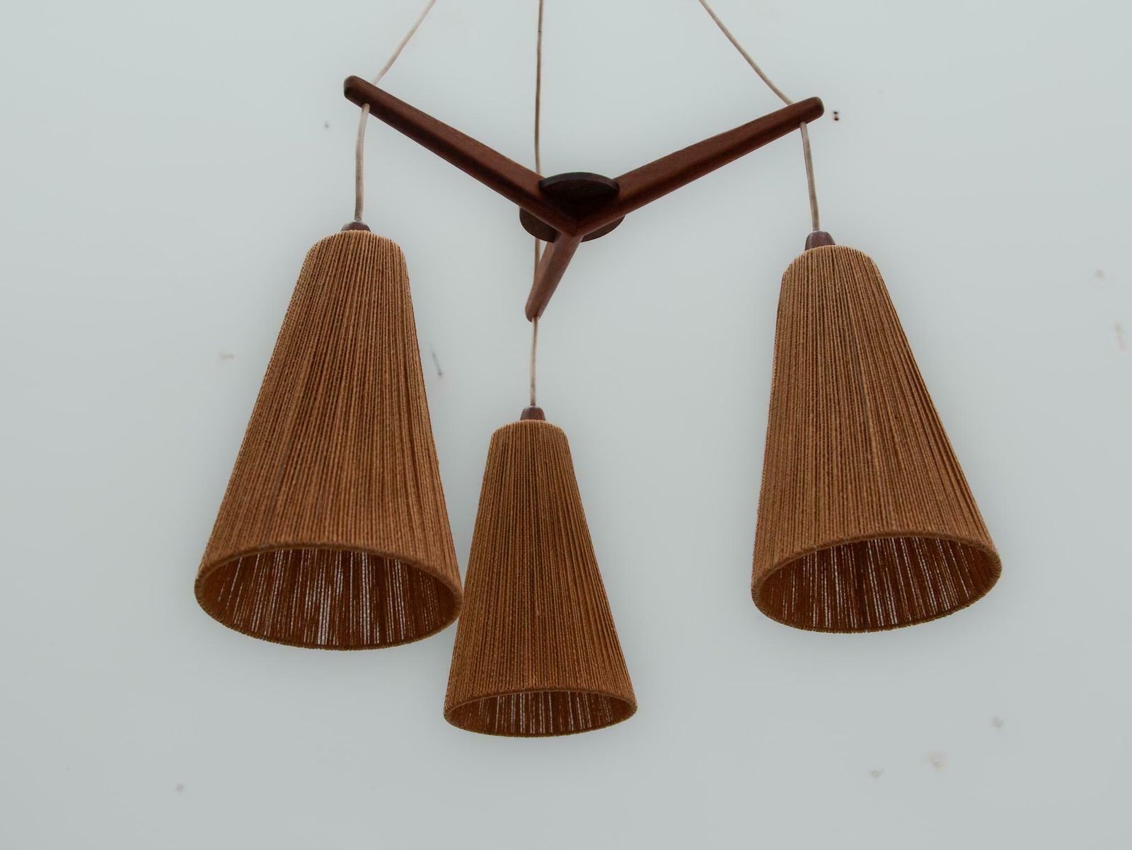 Teak And Jute Cord Pendant Cascade Lamp By Temde, Germany, 1960s photo vintage