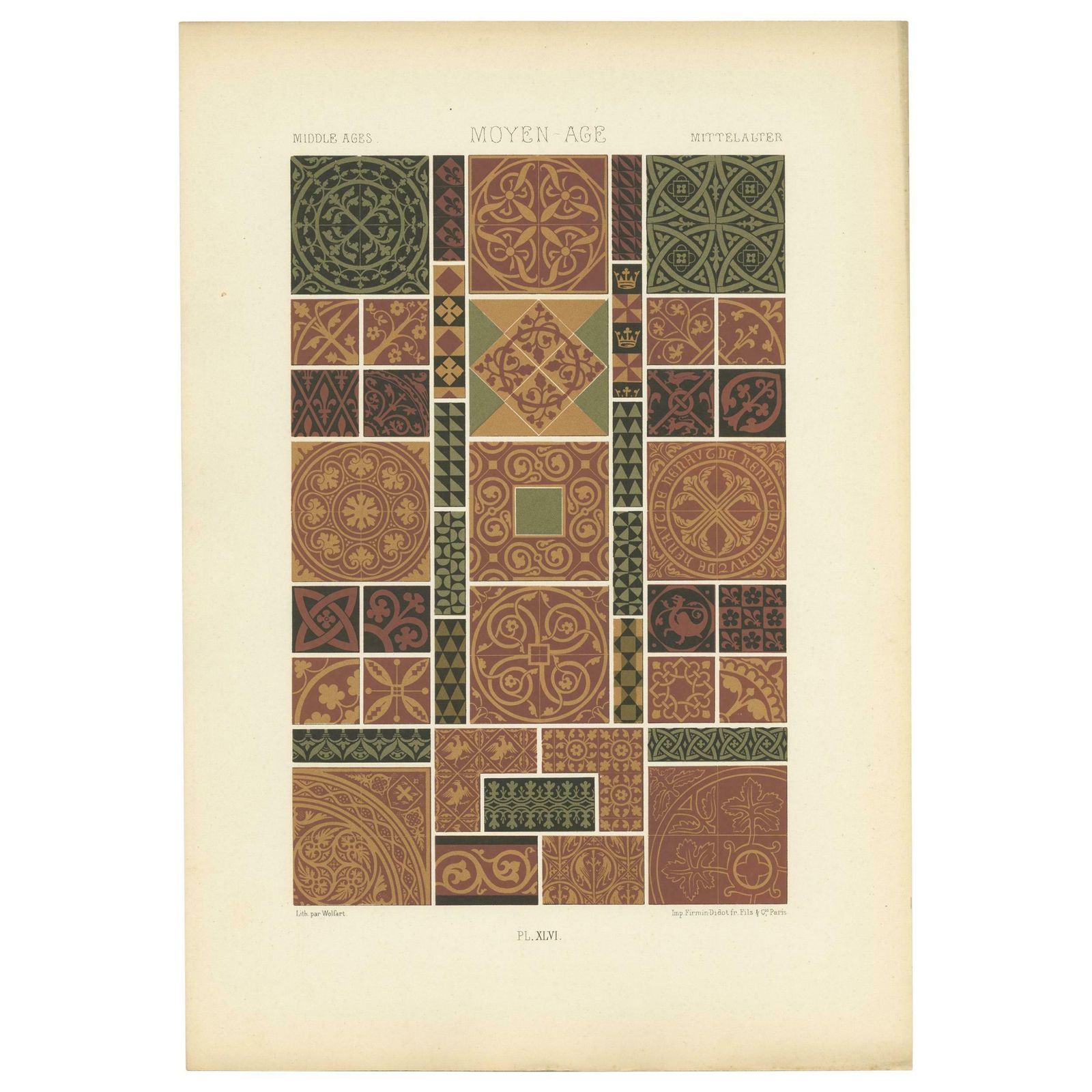 Pl. 46 Antique Print Of Middle Ages Ornaments By Racinet, Circa 1890