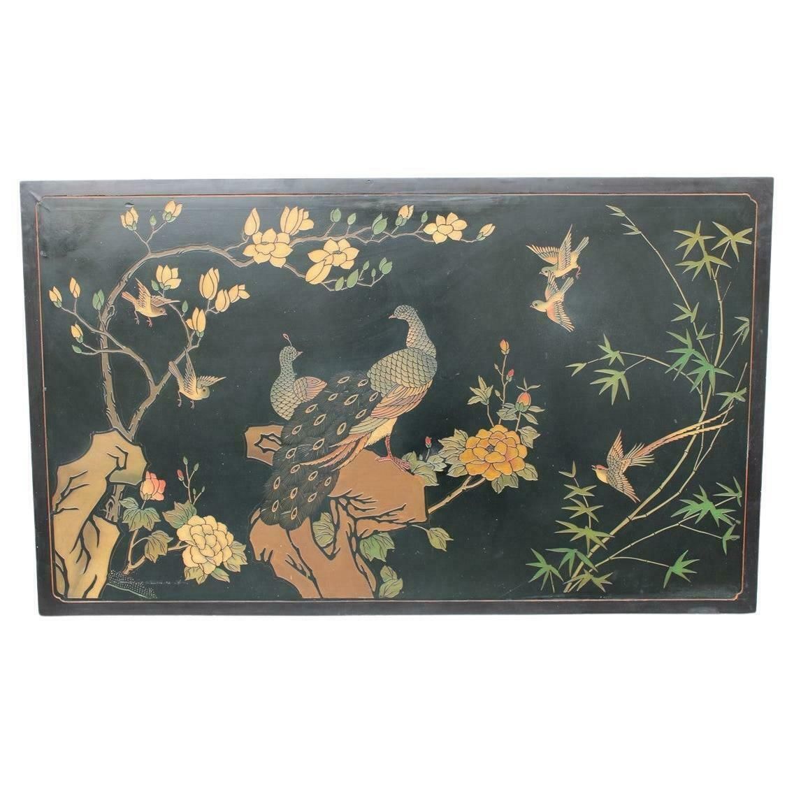1950s Chinese Lacquer Decorative Panel With Birds, Lotus Flowers And Plants