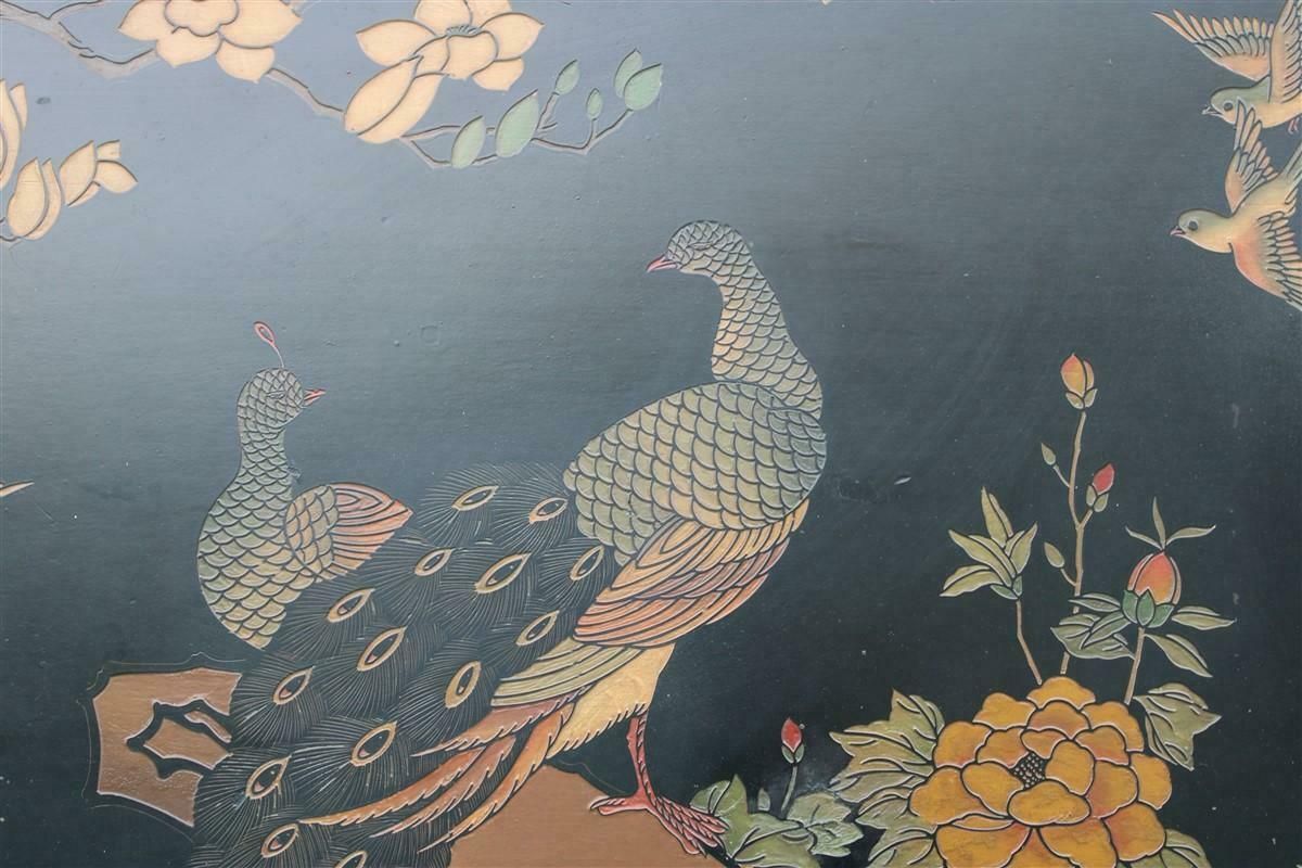 1950s Chinese Lacquer Decorative Panel With Birds, Lotus Flowers And Plants photo for sale