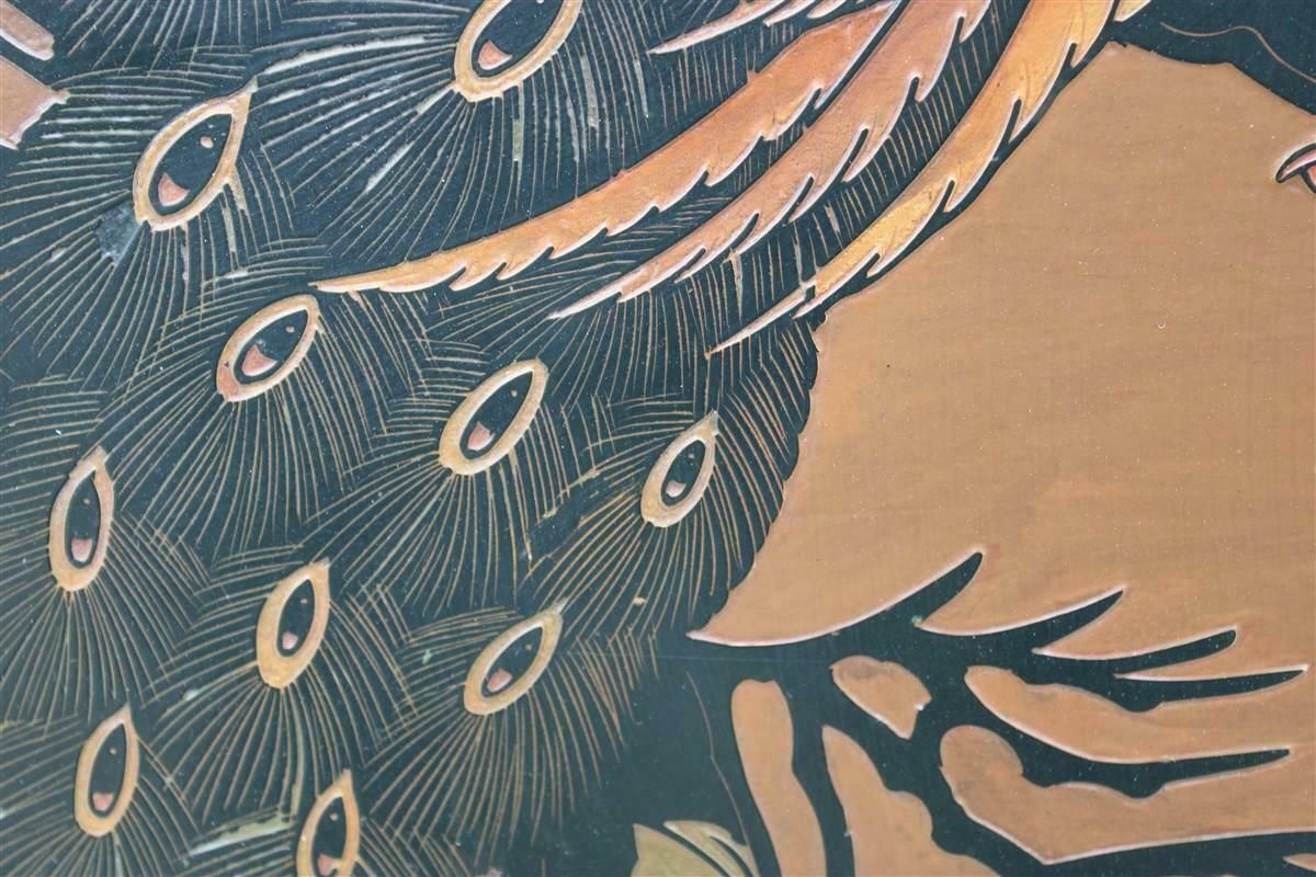 photo vintage 1950s Chinese Lacquer Decorative Panel With Birds, Lotus Flowers And Plants