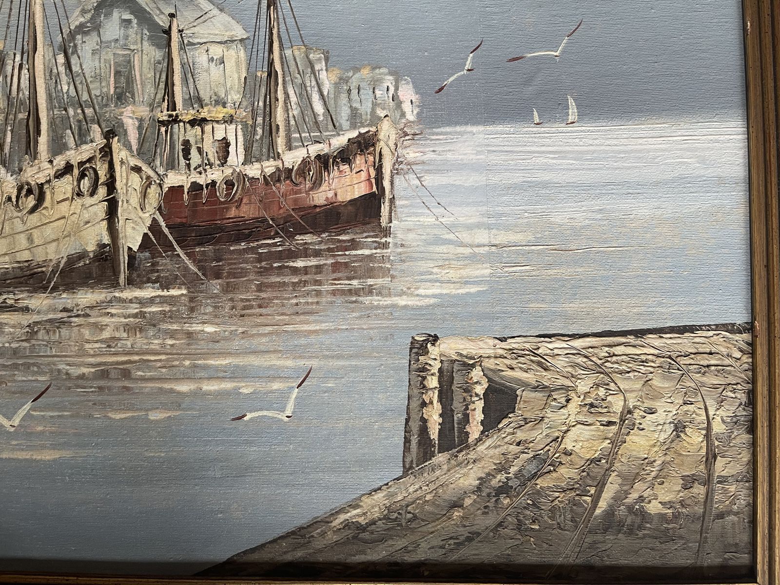 Oil On Canvas Ships In Harbour By W. Jones photo Art