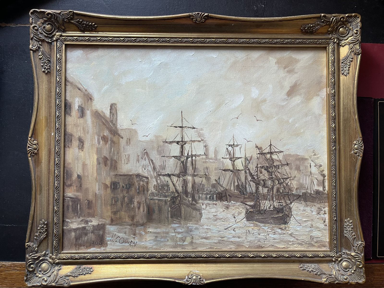 Oil Painting On Canvas Of Tall Ships In Harbour By H.C. Owen